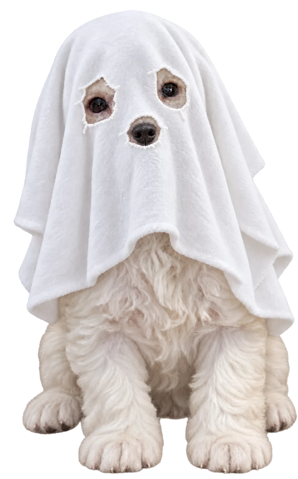 Casper, a Mystic Estate poodle puppy wearing a white Halloween ghost sheet with eye and nose openings