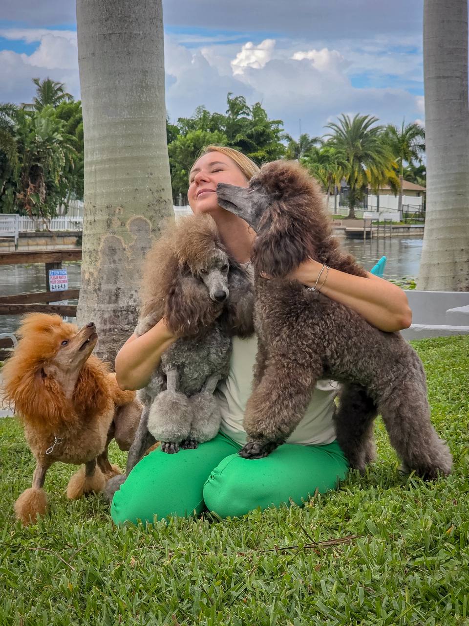 Helen cuddling three poodles beside the water under Florida palm trees