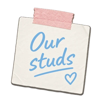 A taped handwritten note: Our studs